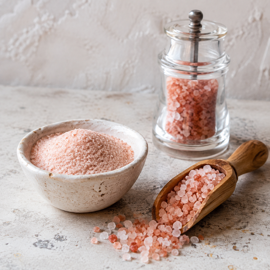Fine and coarse Himalayan pink salt displayed with a grinder and wooden scoop