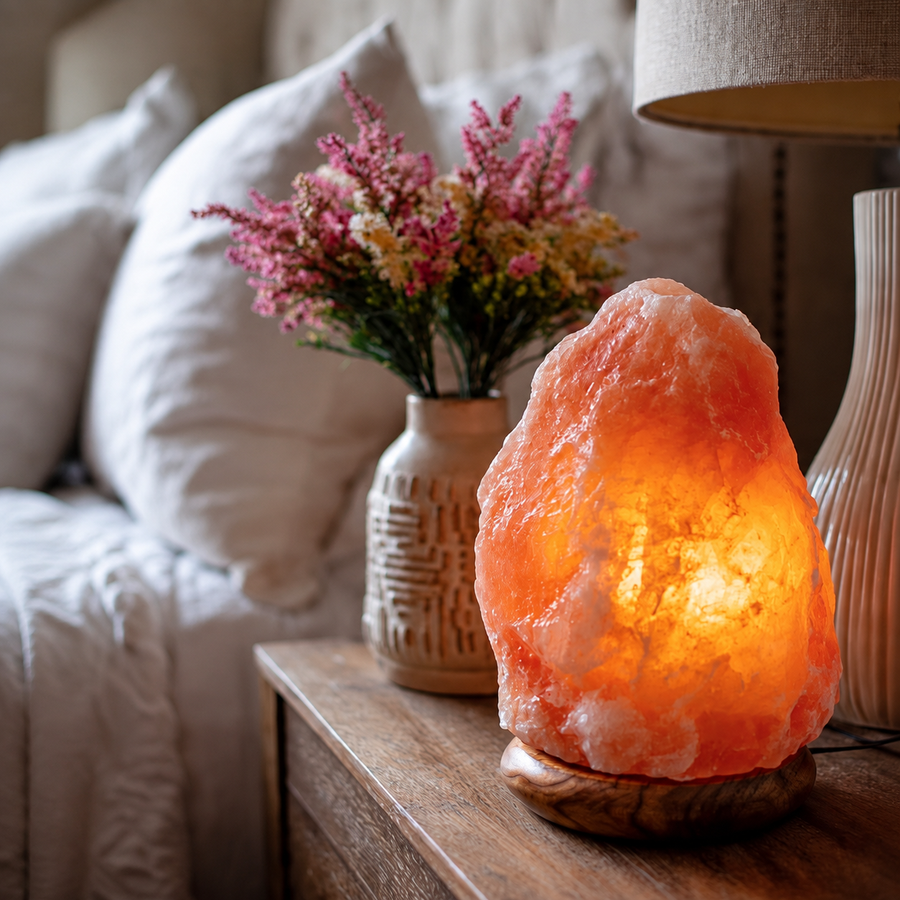 Natural Himalayan pink salt lamp glowing on a bedside table