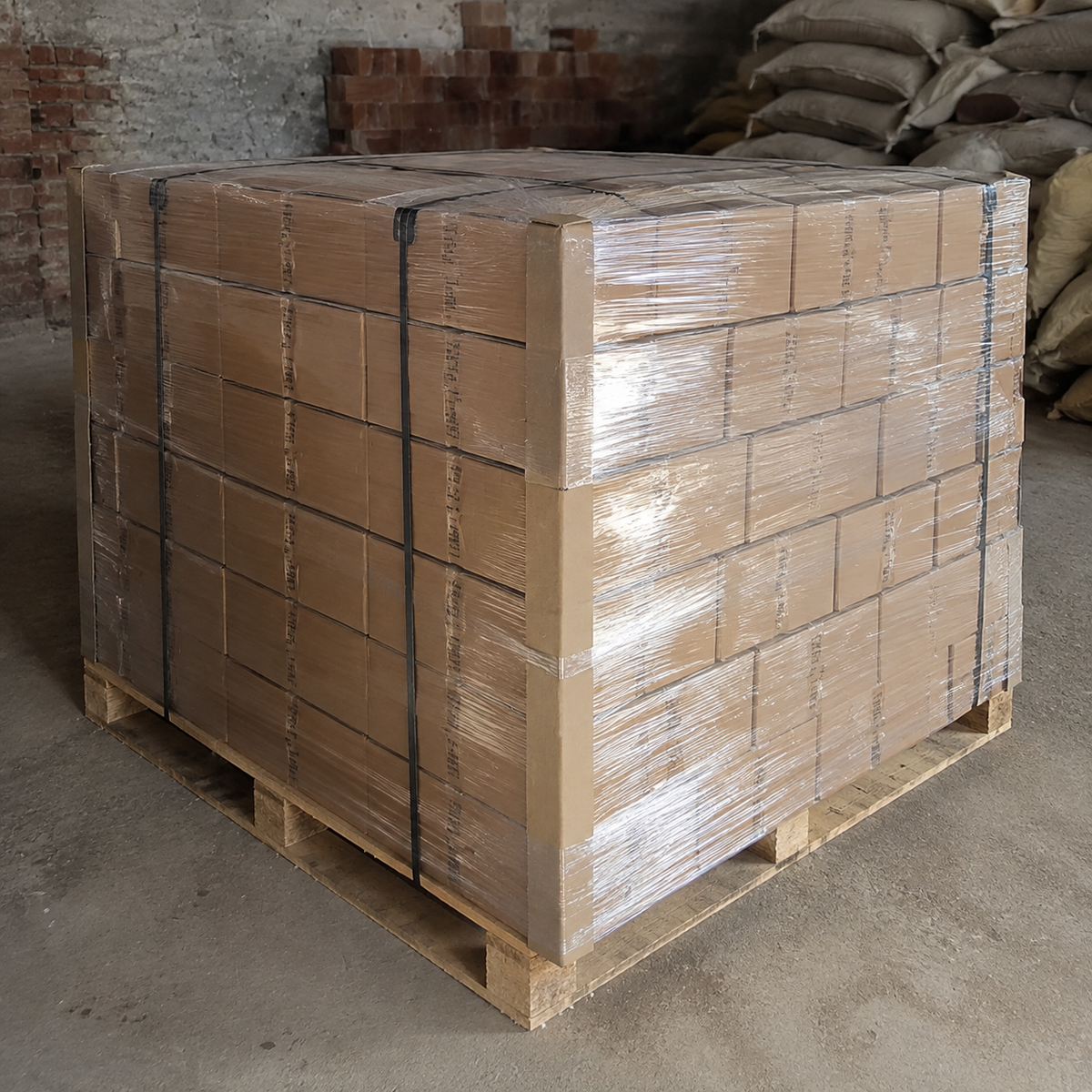 Palletised shipment of protective cartons prepared for export