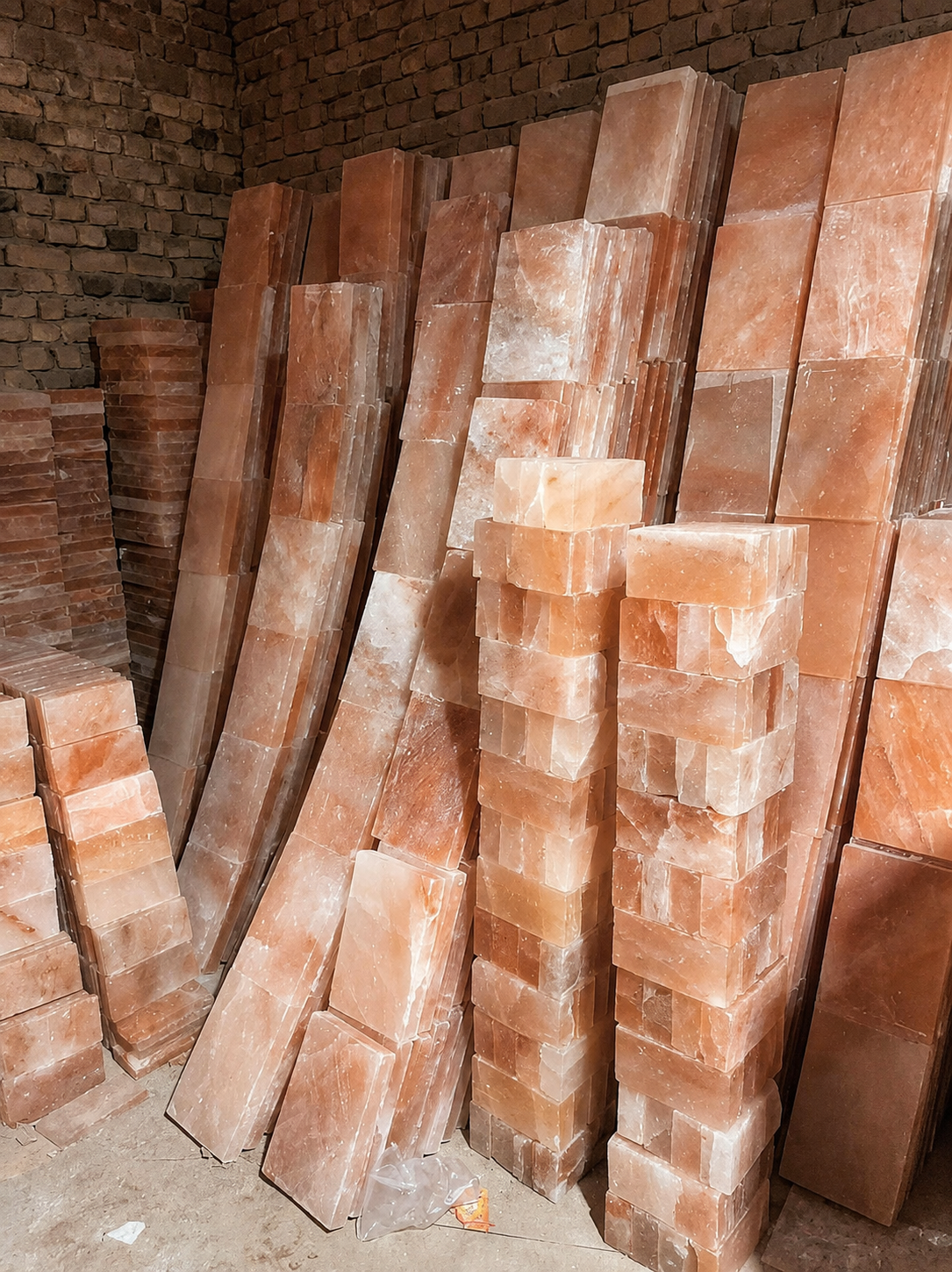 Finished Himalayan pink salt tiles stacked for packing